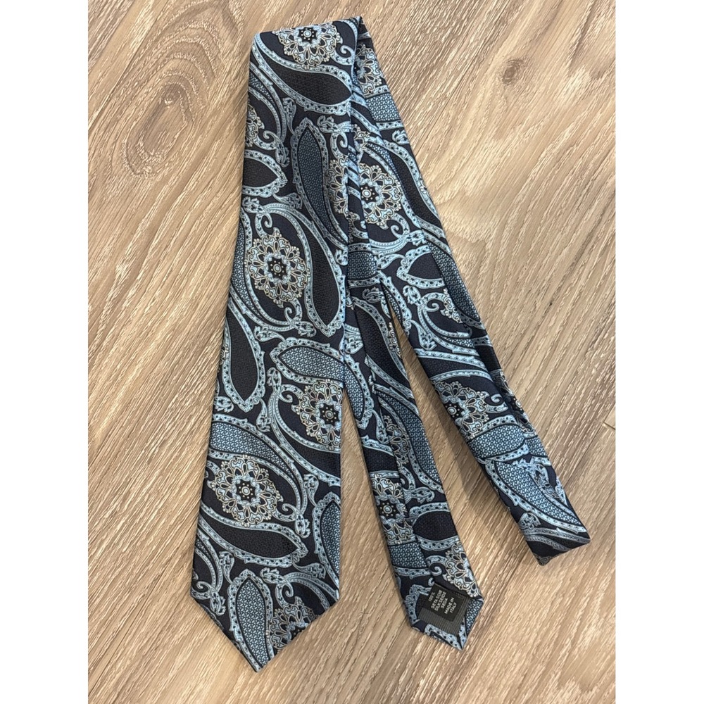 Ermenegildo Zegna Mens Silk Paisley Tie Navy Blue Light Blue Made in Italy NEW